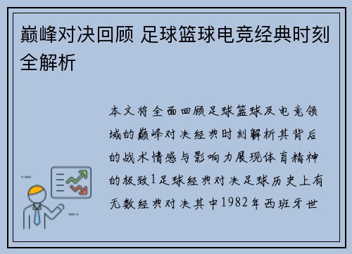 巅峰对决回顾 足球篮球电竞经典时刻全解析